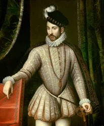 Portrét na nohou francouzského krále Karla IX. (1550 - 1574). Detail. Obraz Francoise Cloueta (1515-1572)