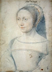 Portrét Anny de Pisseleu, manželky Jean de Brush, vévodkyně z Etampes (1508 - 1576). Kresba černým kamenem a krví od Francoise Cloueta (1515-1572)