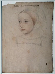 Portrét Marguerite de France (1523-1574) dítěte, dcery Františka I., vévodkyně Savojské Kresba černým kamenem, krví zvýrazněná akvarelem od Francoise Cloueta (1515-1572) Chantilly ze 16. století, Musee Conde