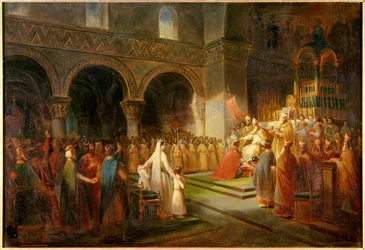 Pomazání Pipina Krátkého papežem Štěpánem II. v opatství Saint-Denis dne 28. července 754. Malba Françoise Duboise (1790-1871), 1837, 0,62 x 0,91 m, Versailles, zámky Versailles a Trianon