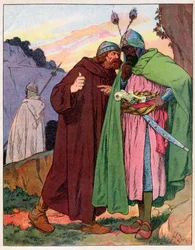 Ganelon hlásí slova císaře Karla Velikého (742-814) nepříteli (Song de Roland) (Záležitost Francie) - Ilustrace Francoise Ziera (1856-1924) převzaté z „“Nos-Gloriers-Nationales““ kolem roku 1920