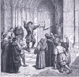 Robert Aske připevňuje své prohlášení na dveře York Minster z Cassells History of the British People vydané Waverley Book Company, kolem 50. let (litho)