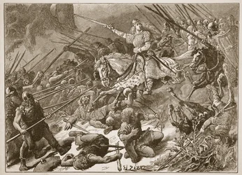 "Dáma Mercijců" bojující s Velšany, ilustrace z "Cassell