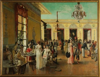 Cafe Frascati (Paříž, Francie), scéna v době Napoleona (konec 18.-1815) - Malba Francoise Flamenga (1856-1923), olej na dřevě