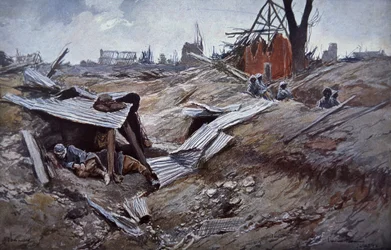 První bitva na Sommě, červen - září 1916: Francouzské jednotky v zničené vesnici Dompierre