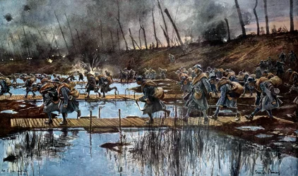 První světová válka (1914-1918): «Přechod přes Yser během flanderské ofenzivy v roce 1917». Akvarel Françoise Flamenga (1856-1923), 1917, 30 x 50 cm. Paříž, Musée de l