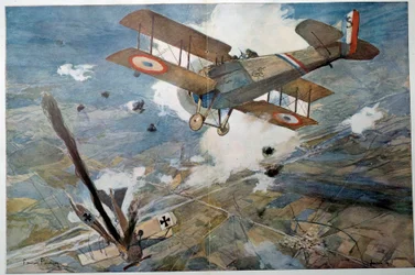 První světová válka „Letecký souboj“. Nepřátelské letadlo padá v plamenech. Akvarel Françoise Flamenga (1856-1923), 1918, soukromá sbírka