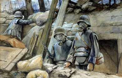 První světová válka: němečtí vojáci se zákopovými pancíři a plynovými maskami, srpen 1917. Akvarel François Flamenga (1856-1923). 0,3 x 0,48 m. Paříž, Musée de l
