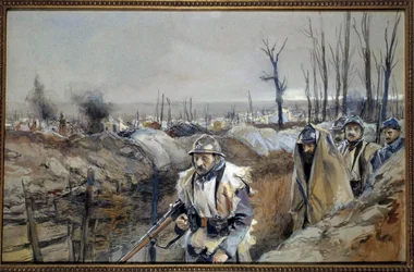 První světová válka: „Pohled na Souchez (v Artois), zákop 18/12/1915“. Akvarel od Francoise Flamenga (1856-1923), prosinec 1915, ne., 0,3x0,48 m, Paříž, Musée de l