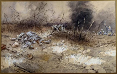 První světová válka: scéna z bitvy u La Craonne dne 5/04/1917. Těla pěšáků ležící mezi ostnatým drátem. Akvarel Françoise Flamenga (1856-1923). Slunce. 0,3 x 0,56 m. Paříž, Musée de l
