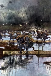 Přechod francouzského 1. pěšího sboru přes kanál Yser, 31. července 1917, 4.45 hod. Podle obrazu Francoise Flamenga (1856-1923) Francouz.