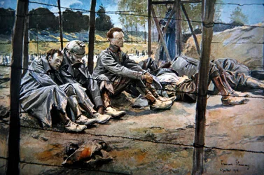 Němečtí důstojníci zajatí Francouzi během spojenecké ofenzívy, první bitva na Sommě, červenec 1916 (barva litho)