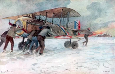 Pozemní personál pečující o francouzský SPAD na zasněženém poli, 1918, 1926.