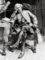 Portrét Guye Manneringa, hlavní postava Guye Manneringa nebo astrologa, román Waltera Scotta (1771-1832), rytina podle kresby Francoise Flamenga (1856-1923), z pařížského vydání