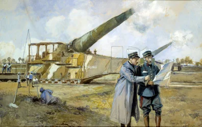 První světová válka: 400 baterie v říjnu 1916 (ALVF nebo ALGP (Large Range Heavy Artillery) velitelů Velké války sledují bitevní plán. Malba Francoise Flamenga (1856-1923)