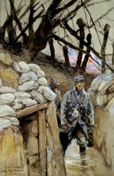 První světová válka: „Voják na polévkové službě v zákopu Notre-Dame-de-Lorette, 28/06/1915“. Akvarel Françoise Flamenga (1856-1923), červen 1915, slunce. 0,3 x 0,48 m, Paříž, Musée de l