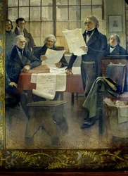 Spisovatelé v 19. století: Edgar Quinet, Abel François Villemain, François Guizot, Jules Michelet, Victor Cousin, Ernest Renan - namontované plátno Françoise Flamenga (1856-1923), Univerzita Sorbonna, Paříž