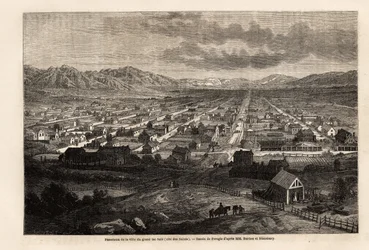 Panoráma města velkého špinavého jezera, citující Svaté (Utah), kresba Ferogia, k ilustraci cesty Richarda Burtona do města Svatých, hlavního města země Mormonů, v roce 1860. Rytina „“ Le tour du monde “, editoval Edouard Charto