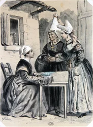 Krajkáři z Caen v Normandii, z „La Normandie Illustree“, vyryto Charpentierem, vydáno v Nantes 1852 (barevně lito)