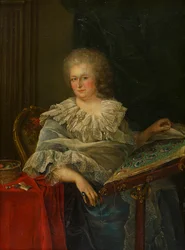 Portrét vikomtesy Torringtonové sedící u své výšivky, kolem 1747-75 (olej na panelu)