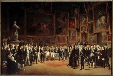 Král Karel X. (1757-1836) rozdává umělcům ceny po výstavě roku 1824, obraz Françoise Josepha Heima (1787-1865), 1827, 1,73 x 2,56 m