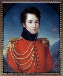 Portrét spisovatele a dramatika Alfreda de Vigny (1797-1863) v uniformě jako četník domu krále Obraz Francoise Josepha Kinsona (1771-1839) 19. století Sun. 0,59x0,48 m. Paříž, Musee Carnavalet