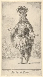 Habit de Roy: muž s tonletou zdobenou rozetami, korunou a turbanem s..., ca. 1721.