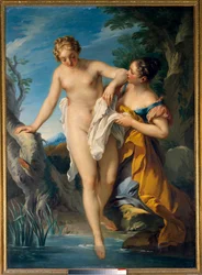 Koupající se žena a její společnice. Obraz Françoise Le Moyneho (1688-1737). 18. století. Rozměry 1,63 x 1,17 m. Tours, Musée des Beaux-Arts