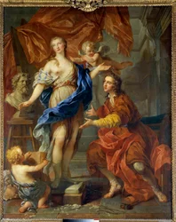 Pygmalión pozoruje svou oživlou sochu. Obraz Françoise Le Moyna (1688-1737). 1729. Rozměry 2,12 x 1,68 m. Tours, Musée des Beaux-Arts