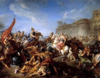 Tankred předává zbraně Klorindě, ilustrace k básni „Osvobozený Jeruzalém“ (La Gerusalemme liberata) od Torquata Tassa, zvaného Le Muche