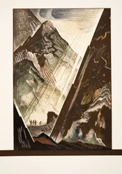 Prométheus přibíjený ke skále Héfaistem, Kratem a Bíou, z Aischylova Prométhea Enchaîné, vyd. 1941 (pochoárový tisk)