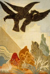 Homérova Odysseia: orli věštby, rytina od Theo Schmieda, 1930-33, barevná litografie