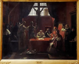 Výslech Savonaroly (1452-1498) Jerome Savonarola (nebo Girolamo Savonarola) (1452-1498) Italský mnich a predikátor je soudcem pro herezi papeže Alexandra VI. a úřadů města Florencie před jeho exkomunikací a popravou. Painti