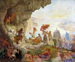 Pokušení svatého Antonína Velikého (nebo svatého Antonína poustevníka nebo svatého Antonína Abbe) od královny Sabah (nebo Saby) Obraz Francoise Mariuse Valere Bernarda (1860-1936) Rozm. Rozměr 60 x 73 cm. Povinná zmínka: Collection fondation needs de Prove