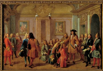 První povýšení rytířů Řádu Saint-Louis Ludvíkem XIV. ve Versailles dne 8. května 1693 Obraz Francoise Marota (1666-1719) 17. století ne. 51 x 0,76 m.