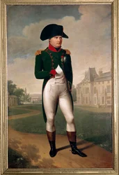 Portrét Napoleona Bonaparta (1769-1821) před zámkem Malmaison (oblečeného jako konzul). V Rueil-Malmaison (Hauts-de-Seine) v roce 1804. 19. století, Malmaison, zámecké muzeum - Celopostavový portrét Napoleona