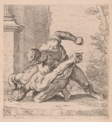 The Medici Wrestlers, side view, turned to left [plate 36]   1243975   cs       czech Successfully Translated  Original: Vier jongens spelend bij een perkje met pioenrozen Spelende kinderen in de twaalf seizoenen (series title) Gido juniko (series title on