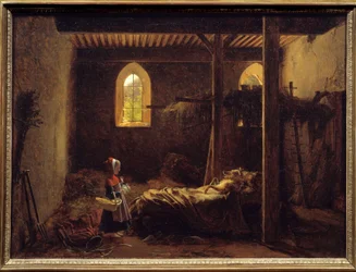 Červená Karkulka Ilustrace pohádky Charlese Perraulta, Červená Karkulka před vlkem v přestrojení za babičku. Obraz Francoise Richarda Fleuryho (1777-1852) 19. století Sun. 0,35x0,47 m .