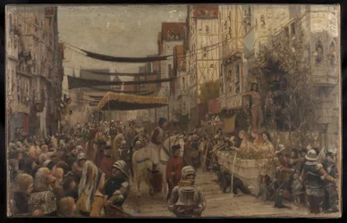 Skica pro Salon des Sciences, Hôtel de Ville, Paříž: Vjezd Ludvíka XI. do Paříže v letech 1889-1890 (olej na plátně)