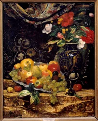 Květiny a ovoce. Obraz Francoise Vernaye (1821-1896)