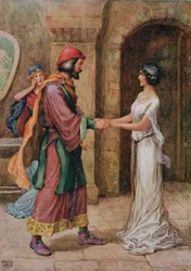 Geraldine and the Baron, z knihy "Christabel" od Samuela Taylora Coleridge (1772-1834), ilustrováno v knize "Childrens Stories from the Poets" od M.D.Belgrave a H.Hart Raphael Tuck