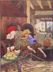 Gretel ji rychle strčila do pece, z knihy Jeníček a Mařenka, vydané nakladatelstvím Blackie & Son Limited, kolem roku 1940