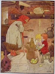 Jeníček a Mařenka jsou krmeni čarodějnicí, ilustrace z „The Beautiful Book of Nursery Rhymes, Stories and Pictures“, od Franka Adamse, vydáno Blackie und Son