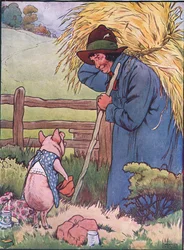 "Když dovolíte, pane," řekl, "dáte mi tu slámu, abych si z ní postavil dům?", ilustrace z pohádky "Tři malá prasátka", vydáno ve 30. letech 20. století (barevná litografie).