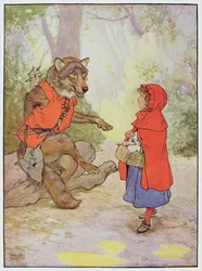 Červená karkulka a vlk, ilustrace z „The Beautiful Book of Nursery Rhymes, Stories and Pictures“ od Franka Adamse, vydal Blackie und Son