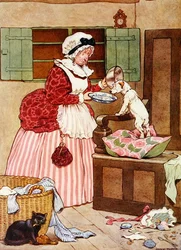 Stará matka Hubbardová, ilustrace z „Krásné knihy říkanek, příběhů a obrázků“ od Franka Adamse, vydaná nakladatelstvím Blackie & Son (barevné lito)