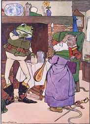 Modlete se, Mistress Mouse, dáš nám píseň, ilustrace z „The Frog would a Wooing Go“, od Charlese H. Bennetta, 1916