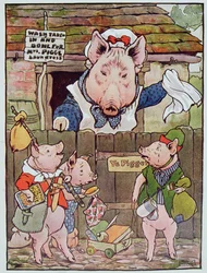 „Vyhnala je z chlívku, aby si našli vlastní bydlení“, ilustrace z „Tři prasátka“ vydané ve 30. letech 20. století (barevné lito)