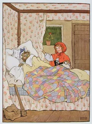 Vlk převlečený za babičku Červené karkulky, ilustrace z knihy „The Beautiful Book of Nursery Rhymes, Stories and Pictures“ od Franka Adamse, vydané nakladatelstvím Blackie and Son