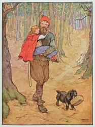 Dřevorubec nese Červenou karkulku domů, ilustrace z knihy „The Beautiful Book of Nursery Rhymes, Stories and Pictures“ od Franka Adamse, vydané nakladatelstvím Blackie und Son